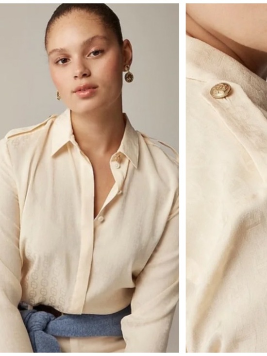 J. Crew Tops - J.Crew Cream Satin Drapey Jacquard Chainlink Print Button Down Shirt XL